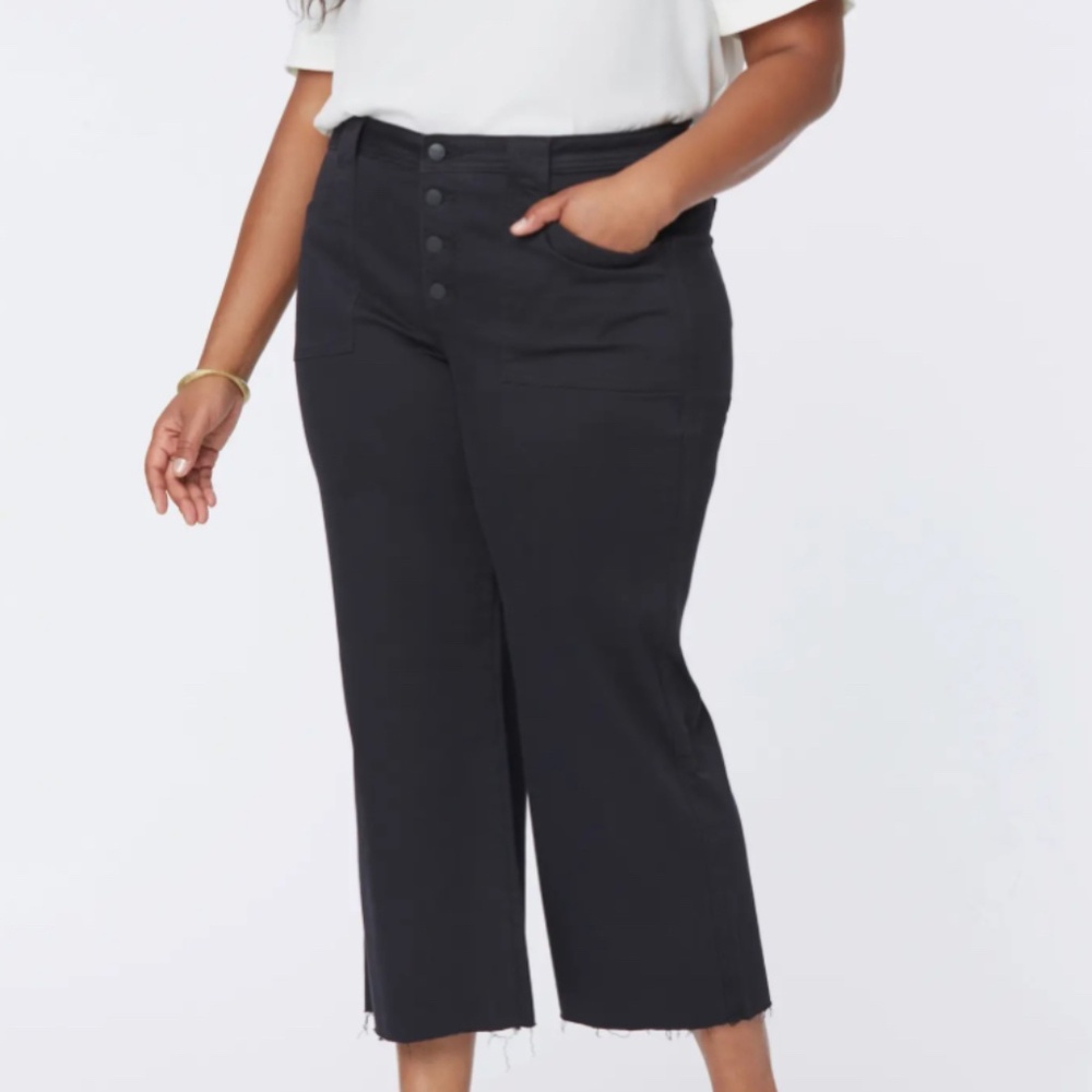 NYDJ size 24W Teresa wide leg utility jeans black button fly raw hem cropped